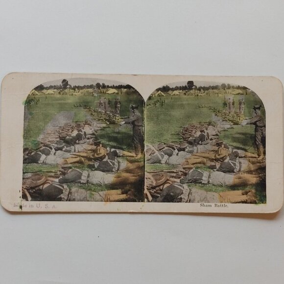 Antique Stereograph Card "Sham Battle" World War History Historical Memorabellia - Picture 1 of 3